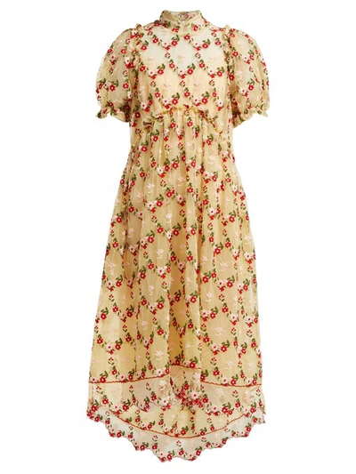 Simone Rocha Floral-embroidered Tulle Dress In Green/ Multi