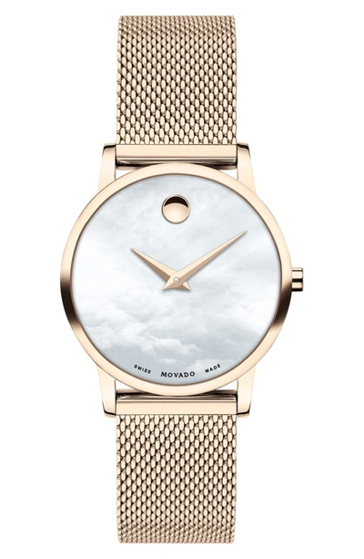 Movado Museum Mesh Strap Watch, 28mm In White/rose Gold