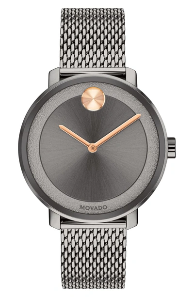 Movado Bold Mesh Bracelet Watch, 34mm In Grey/ Rose Gold/ Grey
