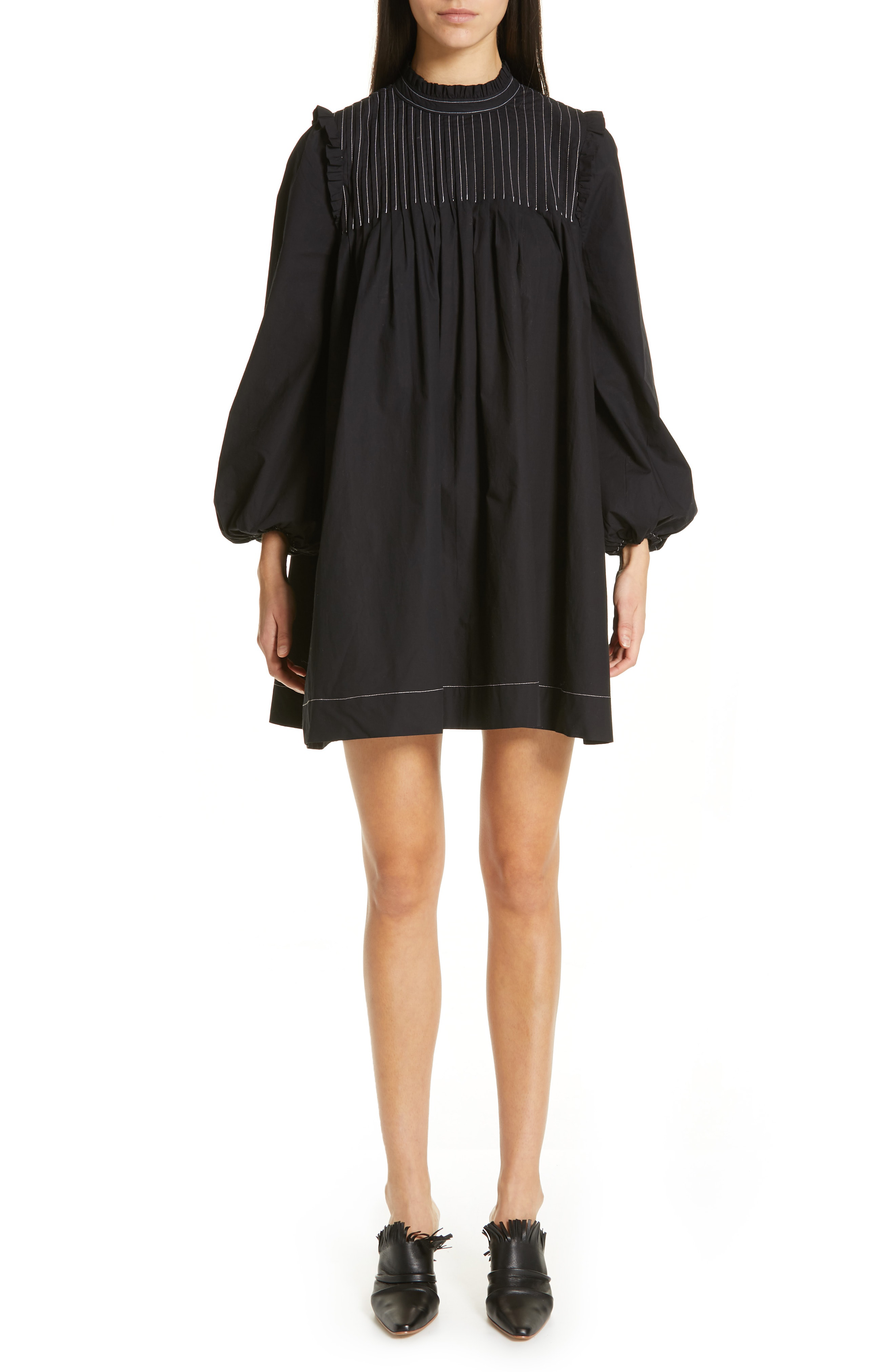 Ganni Cotton Poplin Minidress In Black | ModeSens