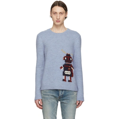 Saint Laurent Robot-intarsia Wool-blend Sweater In Blue