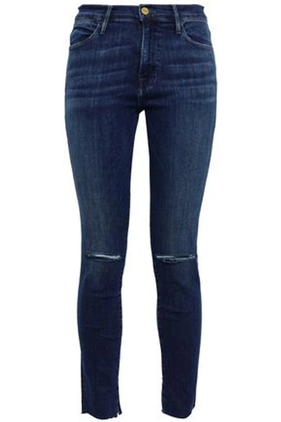Frame Woman Distressed Faded High-rise Skinny Jeans Dark Denim