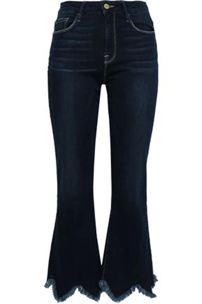Frame Woman Cropped Frayed High-rise Bootcut Jeans Dark Denim
