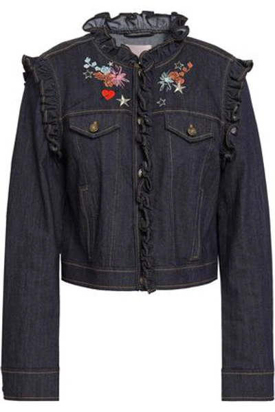 Cinq À Sept Woman Lina Ruffle-trimmed Embroidered Denim Jacket Dark Denim