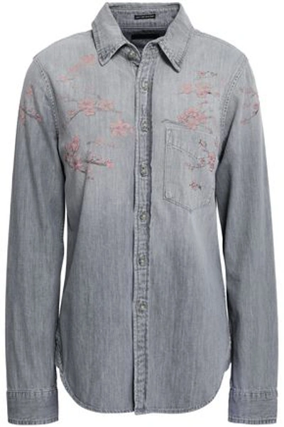 Mother Woman Floral-print Cotton-chambray Shirt Light Gray