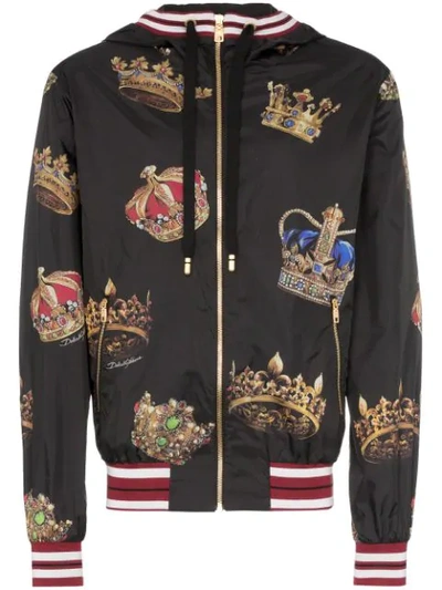 Dolce & Gabbana Crown Print Hooded Track Jacket In Black