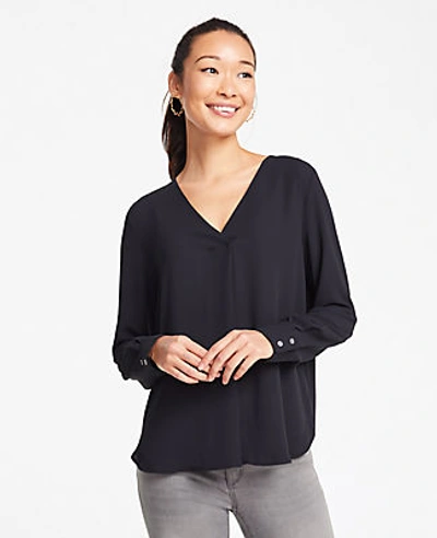 Ann Taylor Mixed Media Pleat Front Top In Black