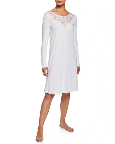 Hanro Aurelia Long-sleeve Nightgown With 3d Floral Lace Detail In White