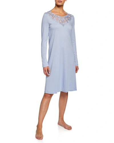 Hanro Aurelia Long-sleeve Nightgown With 3d Floral Lace Detail In Blue