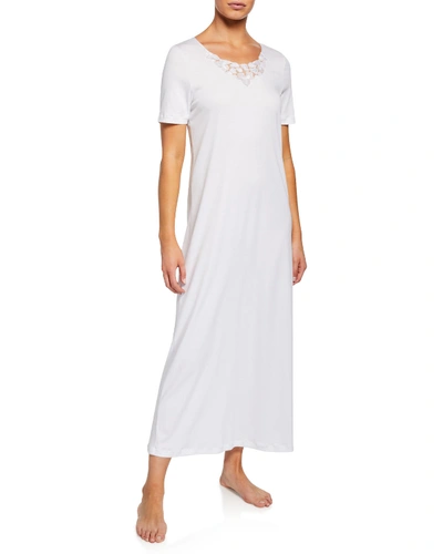 Hanro Aurelia Short-sleeve Long Nightgown With 3d Floral Lace Detail In White