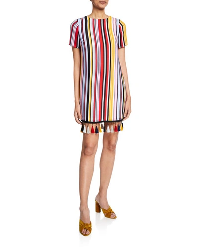 Aidan Mattox Striped Crewneck T-shirt Dress W/ Tassel Hem In Marigold Multi