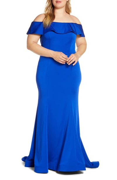 Mac Duggal Plus Size Off-the-shoulder Short-sleeve Mermaid Gown In Sapphire