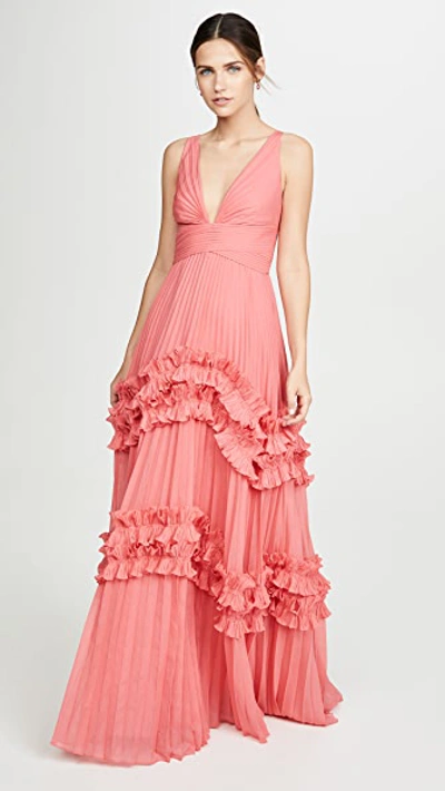 Halston Heritage V-neck Sleeveless Pleated Gown With Smocked Ruffle Trim In Strawberry