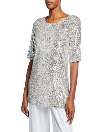 Caroline Rose Plus Size Sequin Knit Half-sleeve Easy Tee In Silver