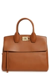 Ferragamo Medium The Studio Calfskin Leather Top Handle Bag In Sella Tan/gold