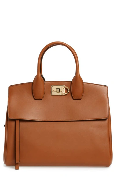 Ferragamo Medium The Studio Calfskin Leather Top Handle Bag In Sella Tan/gold