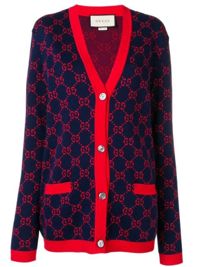 Gucci Logo Intarsia Cotton Knit Cardigan In Blue,red