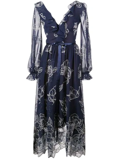Marchesa Notte Floral Embroidered Maxi Dress In Blue