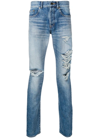 Saint Laurent Distressed Slim-fit Jeans In Blue