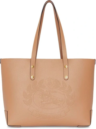 Burberry Small Embossed Crest Leather Tote - Beige In Marron/beige