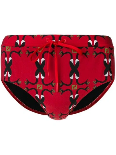 Fendi Ff Snake Print Swim Briefs In Red