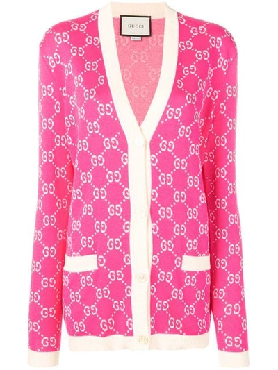 Gucci Logo Intarsia Cotton Knit Cardigan In Pink