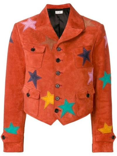 Saint Laurent Patched Suede Leather Jacket In Rouge Vintage