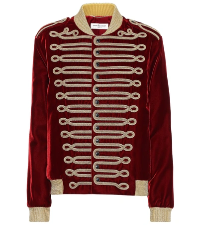 Saint Laurent Metallic Braided Velvet Bomber Jacket In Red