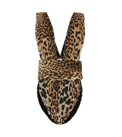 Saint Laurent Ruched Leopard-print Silk Bodysuit In Animal Print