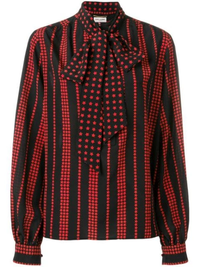 Saint Laurent Striped Star Print Tie-neck Blouse In Black Multi