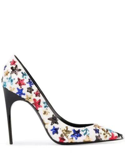 Saint Laurent Edwige Pumps In Silk Satin Embroidered With Ysl Stars In White