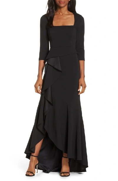 Adrianna Papell Cascade Ruffle Evening Dress In Black