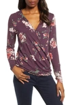 Bobeau Faux Wrap Knit Top In Plum/ Mauve Floral