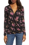 Bobeau Faux Wrap Knit Top In Black Blossom Print