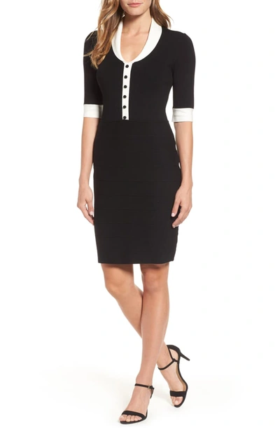 Anne Klein Shawl Collar Knit Sheath Dress In Anne Black/ Anne White