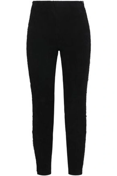 Amanda Wakeley Frayed Striped Suede Slim-leg Pants In Black