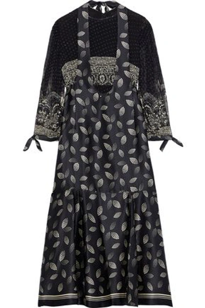 Anna Sui Woman Layered Printed Fil Coupé Chiffon And Silk-satin Midi Dress Midnight Blue