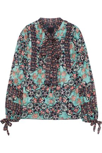 Anna Sui Woman Pussy-bow Printed Fil Coupé Silk-blend Shirt Mint