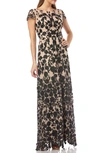 Js Collections Embroidered Lace Gown In Black/ Nude