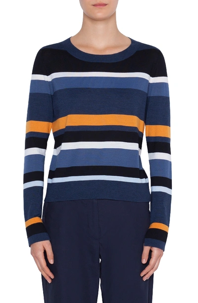 Akris Punto Crewneck Memphis Glass-striped Wool Sweater In Blue Multi