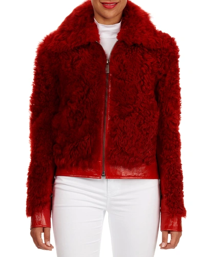 Michael Kors Leather-trim Lamb Shearling Fur Bomber Jacket In Red