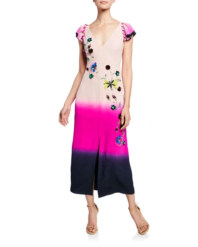 Tanya Taylor Socorro Flutter-sleeve Embellished Long Dress In Navy Pink