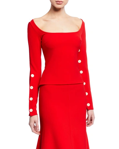 A.w.a.k.e. Scoop-neck Long Button-sleeve Top In Red