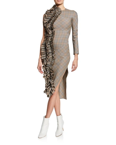 A.w.a.k.e. Checkered One-sleeve Dress W/ Dramatic Ruffle In Multi Pattern