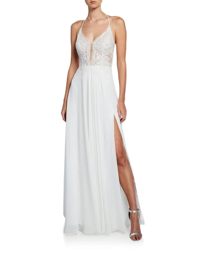 Faviana Lace Top Halter Gown With Lace-up Back & Thigh-slit In Ivory