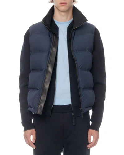Berluti Men's Leather-trim Zip-front Down Vest In Dark Blue