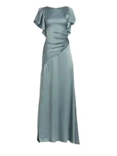 Theia Satin Asymmetric Ruched Gown In Agave
