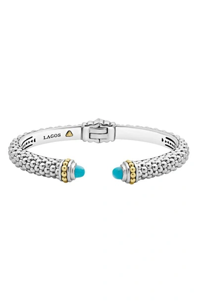 Lagos 18k Yellow Gold & Sterling Silver Caviar Color Cuff With Turquoise In Blue/silver