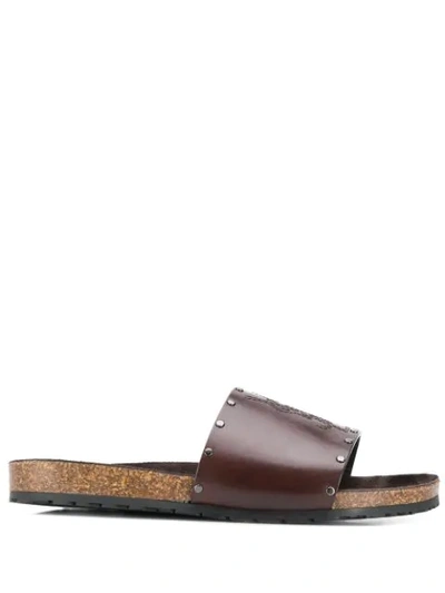 Saint Laurent Jimmy Logo-stitched Leather Slides In Brown