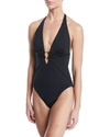 Carmen Marc Valvo Plunging Crochet Cross-back One-piece Swimsuit In Black